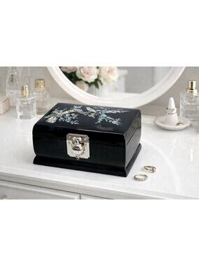 Sanyo Jewelry Music Box Black Lacquer Abalone MOP Inlay 5 3/4 Inch